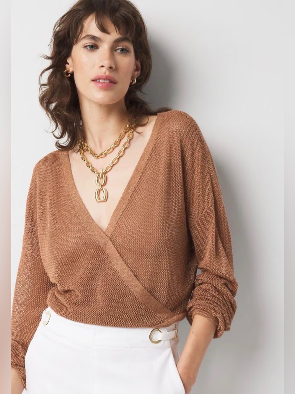 NWOT WHBM Bronze Shimmer Surplice Sweater
